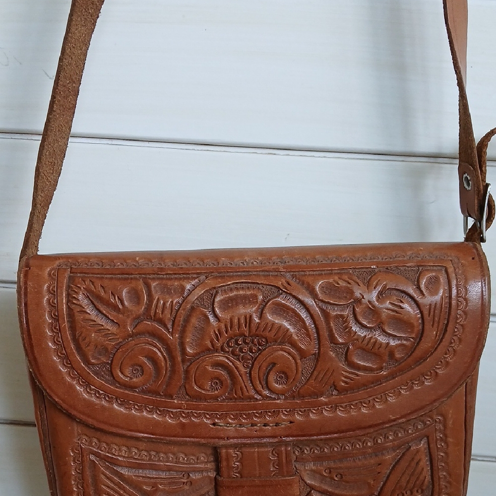 Vintage Tooled Brown Leather Crossbody Shoulder Bag Western Boho - Picture 3 of 16